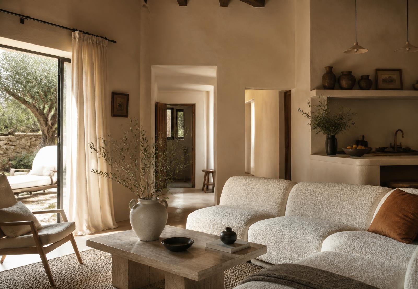 Moody sunlit rental living room with plaster walls, bouclé seating and a travertine table