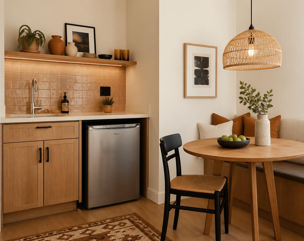 Designed rental kitchenette and dining nook with rattan pendant and warm tile